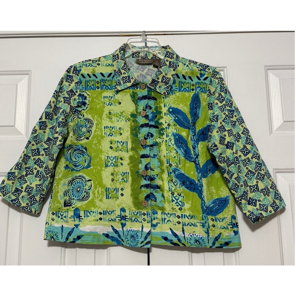 Jane Ashley Abstract Print Sequined 100% Cotton Jacket,  Blue and Green, Size XL